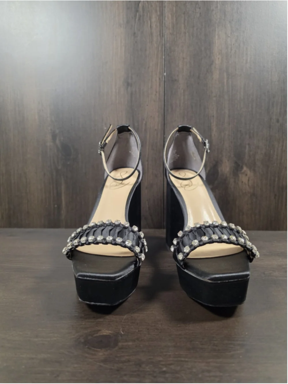 Sam Edelman Ninette Crystal Rhinestones Pleated Block Heels 7.5 M Black Satin